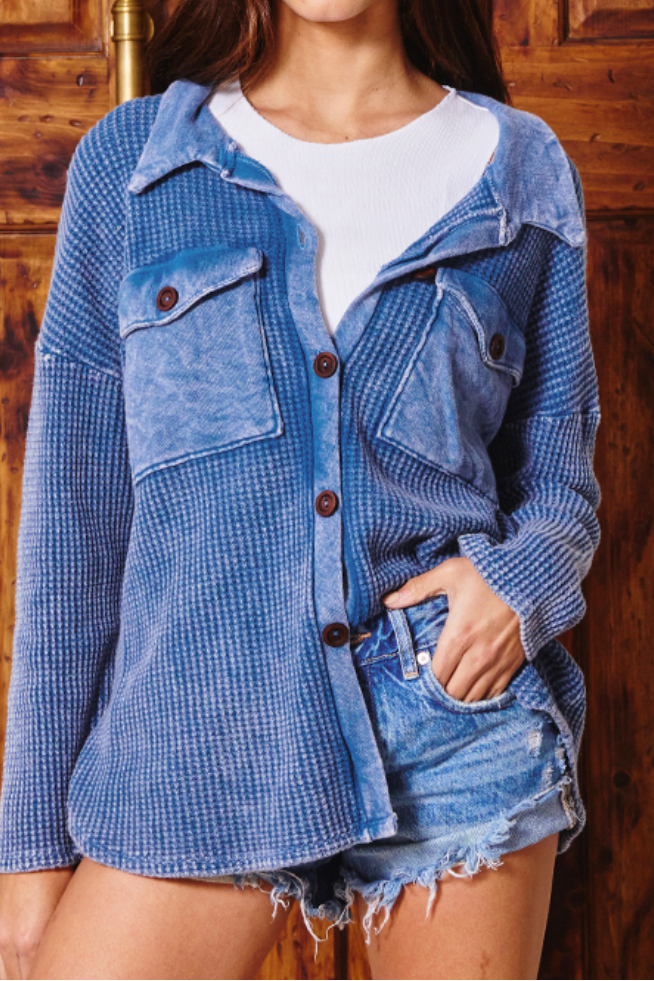 55. PLUS Distressed Waffle Button Up
