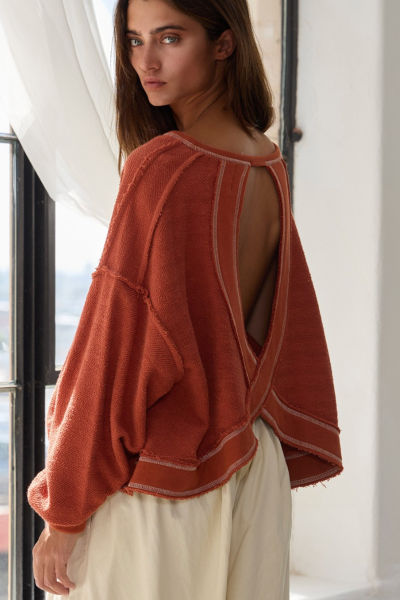 47. Terry Cloth Open Back Long Sleeve