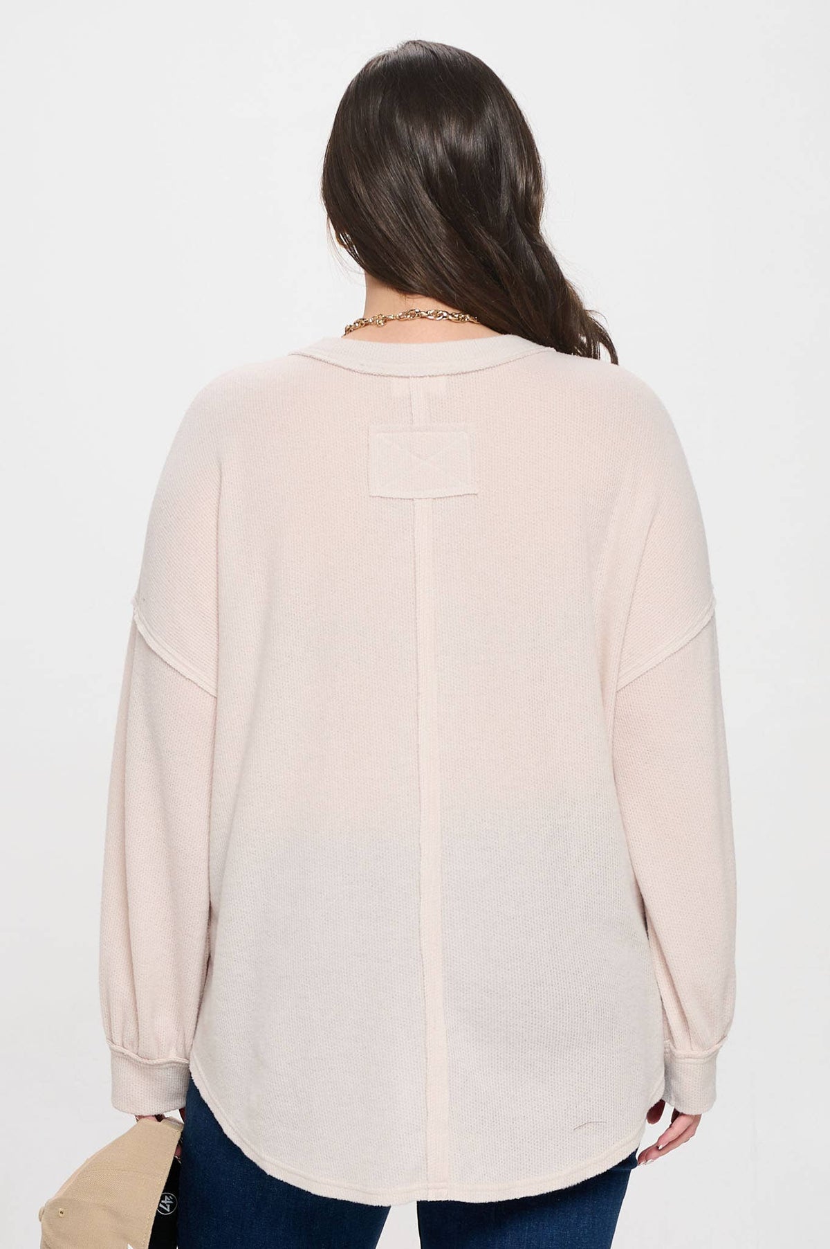 #90. PLUS V NECK HALF BUTTON LONG SLEEVE KNIT TOP