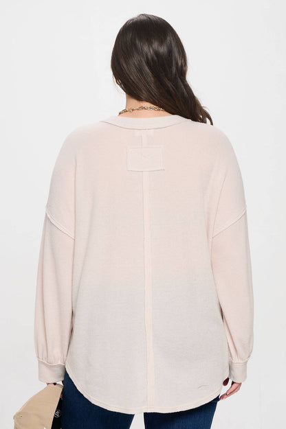 #90. PLUS V NECK HALF BUTTON LONG SLEEVE KNIT TOP