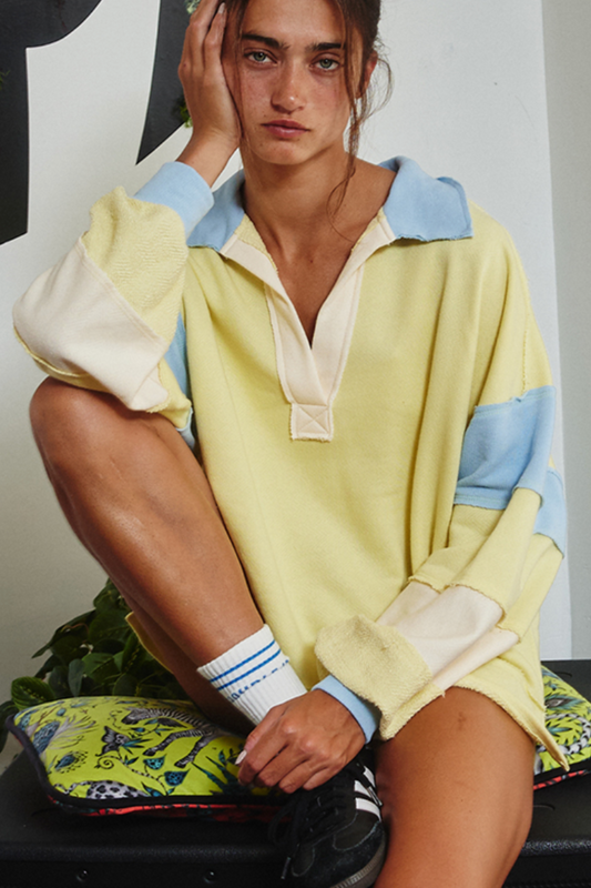 FRENCH TERRY KNIT COLOR-BLOCK COLLARED TOP