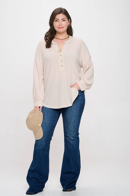 #90. PLUS V NECK HALF BUTTON LONG SLEEVE KNIT TOP