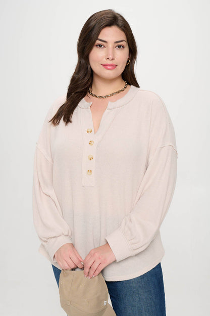#90. PLUS V NECK HALF BUTTON LONG SLEEVE KNIT TOP