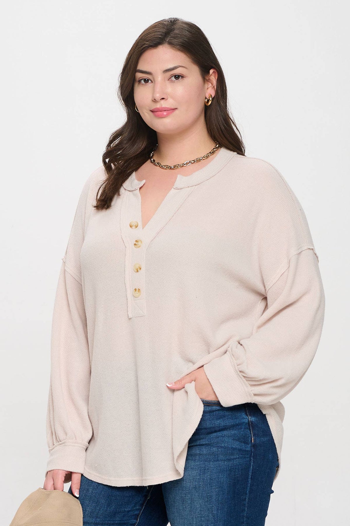 #90. PLUS V NECK HALF BUTTON LONG SLEEVE KNIT TOP