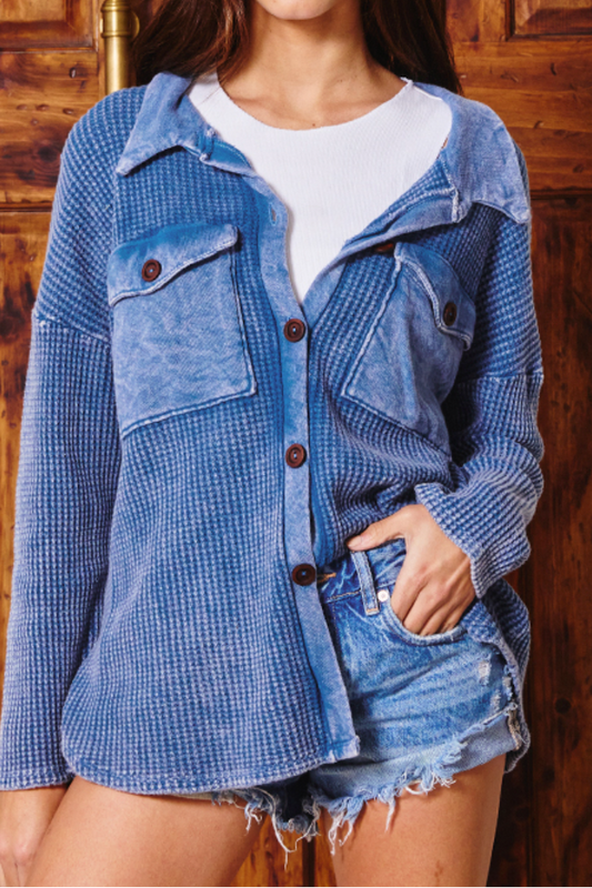 55. PLUS Distressed Waffle Button Up