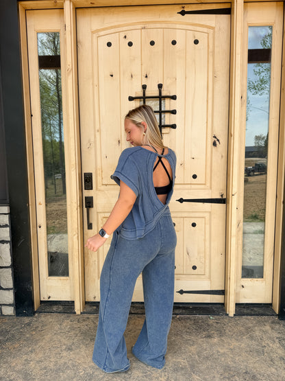 #199. Acid Wash French Terry Wide-Leg Pants