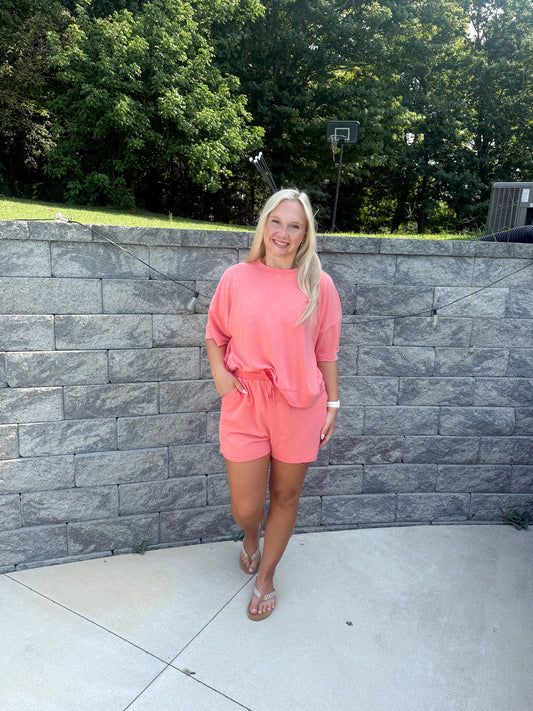 #196. Mineral Washed Knit Casual Top and Shorts Set