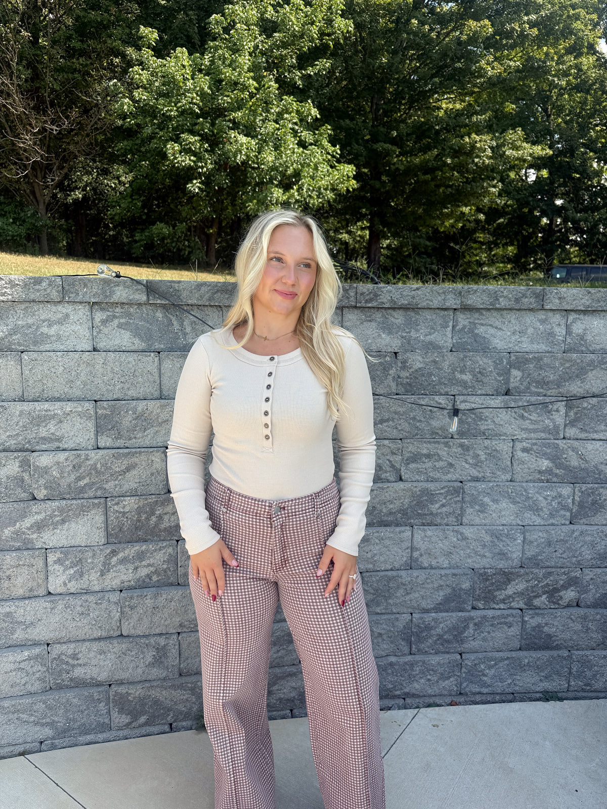 #105. Fitted Long Sleeve Ribbed Henley Knit Top