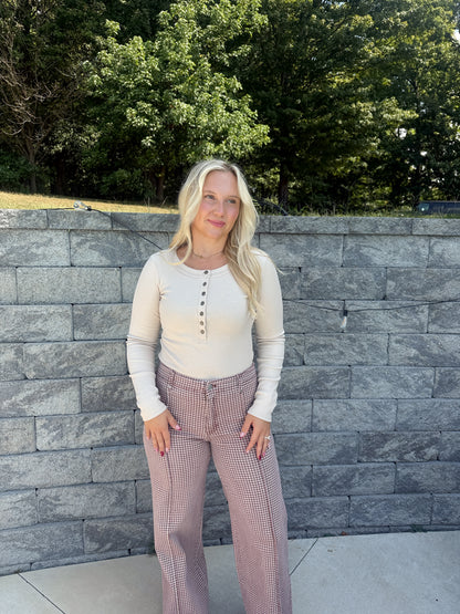 #105. Fitted Long Sleeve Ribbed Henley Knit Top