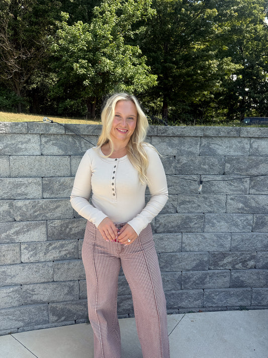 #105. Fitted Long Sleeve Ribbed Henley Knit Top