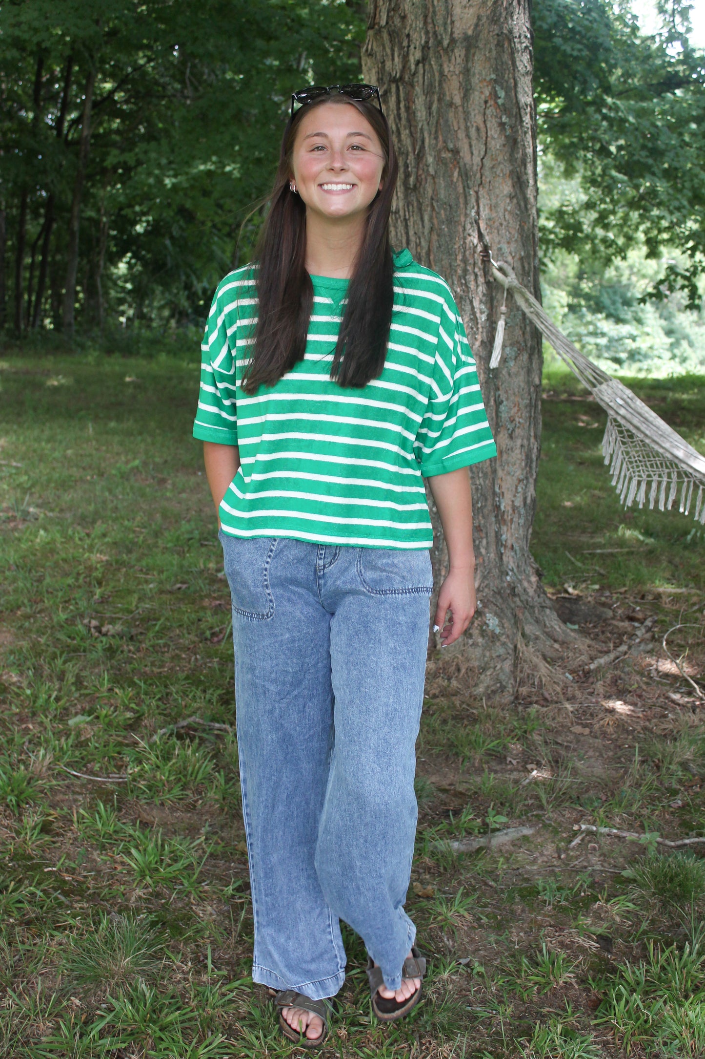 #49. WASHED CHAMBRAY ELASTIC WAIST WIDE LEG PANTS