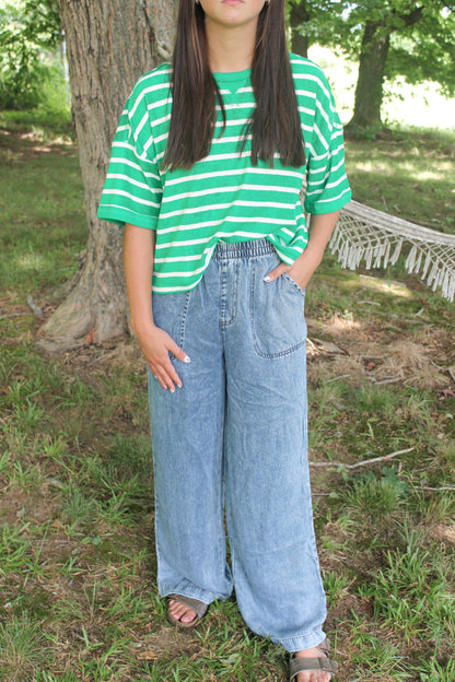 #49. WASHED CHAMBRAY ELASTIC WAIST WIDE LEG PANTS