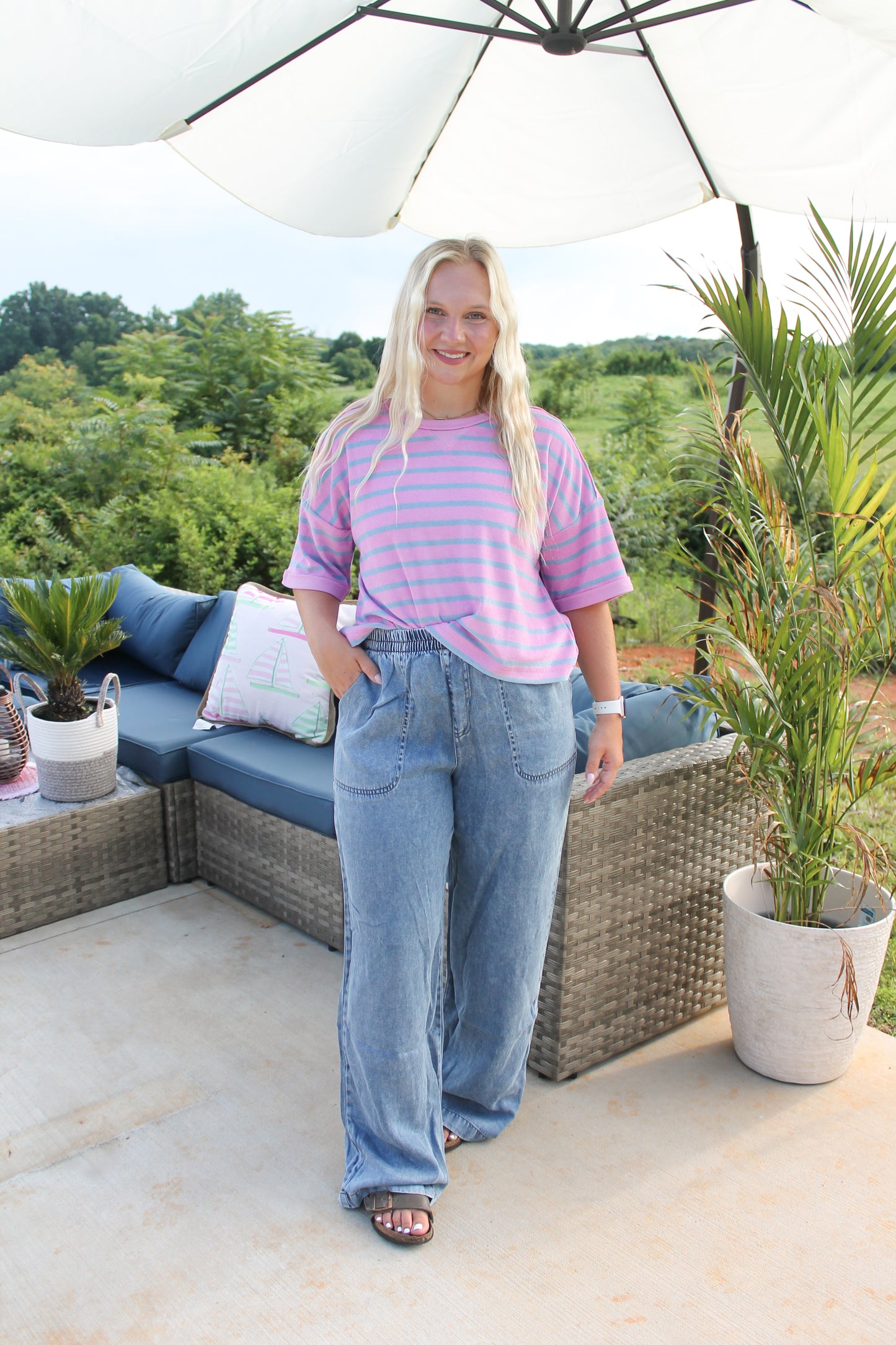 #49. WASHED CHAMBRAY ELASTIC WAIST WIDE LEG PANTS