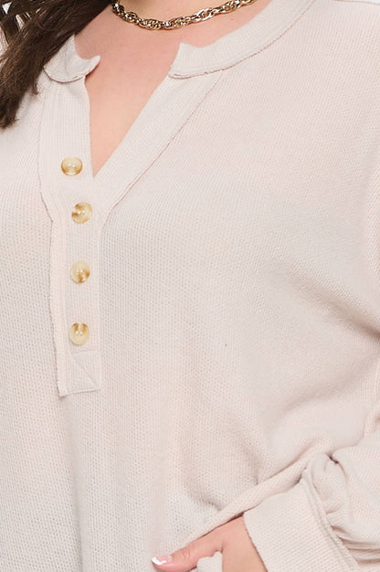 #90. PLUS V NECK HALF BUTTON LONG SLEEVE KNIT TOP